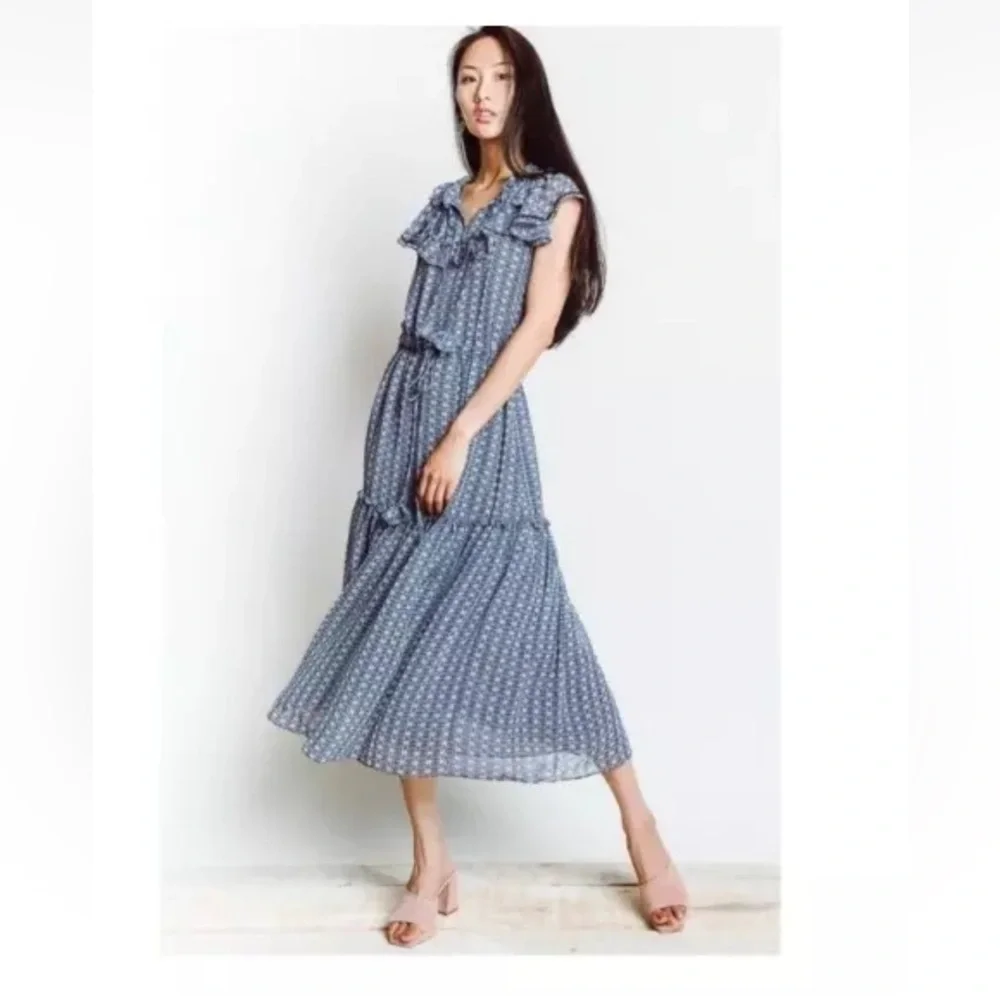 MISA Los Angeles Melissa Dress Blue Geometric Printed Chiffon Ruffled - Picture 1 of 7